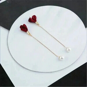 Red Flower Petal & Pearl Gold Dangle Earrings